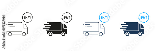 Delivery Service Around The Clock Line and Silhouette Icon Set. Parcel Shipment Time Pictogram. Twenty Four Hour Delivery Sign. Editable Stroke. Isolated Vector Illustration