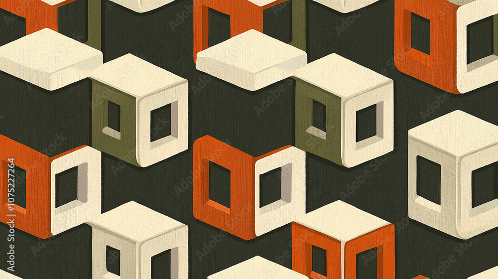 Geometric Cubes with Earth Tones Creating Retro Patterned Illusion Geometric Cubes with Earth Tones Creating Retro Patterned Illusion