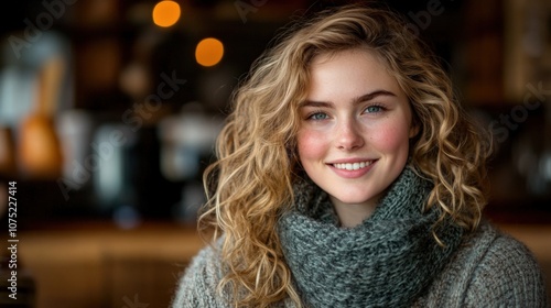 Smiling Woman with Curly Hair in Cozy Indoor Setting