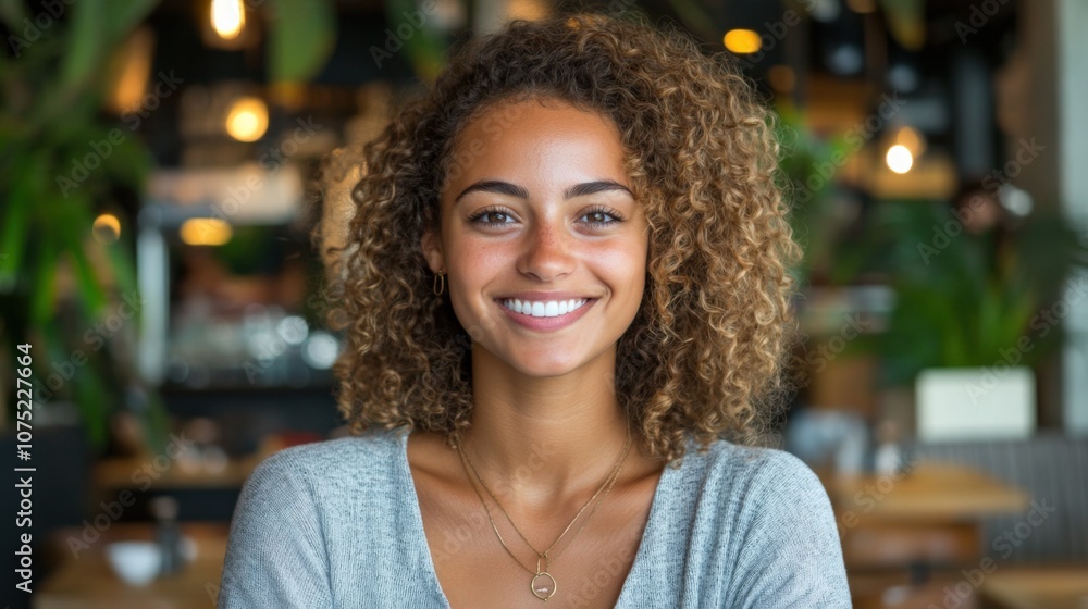 Joyful Young Woman with Curly Hair in a Cozy Cafe Setting Joyful Young Woman with Curly Hair in a Cozy Cafe Setting