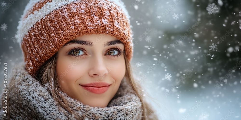 A woman wearing a hat and scarf is smiling in the snow. Concept of warmth and happiness despite the cold weather
