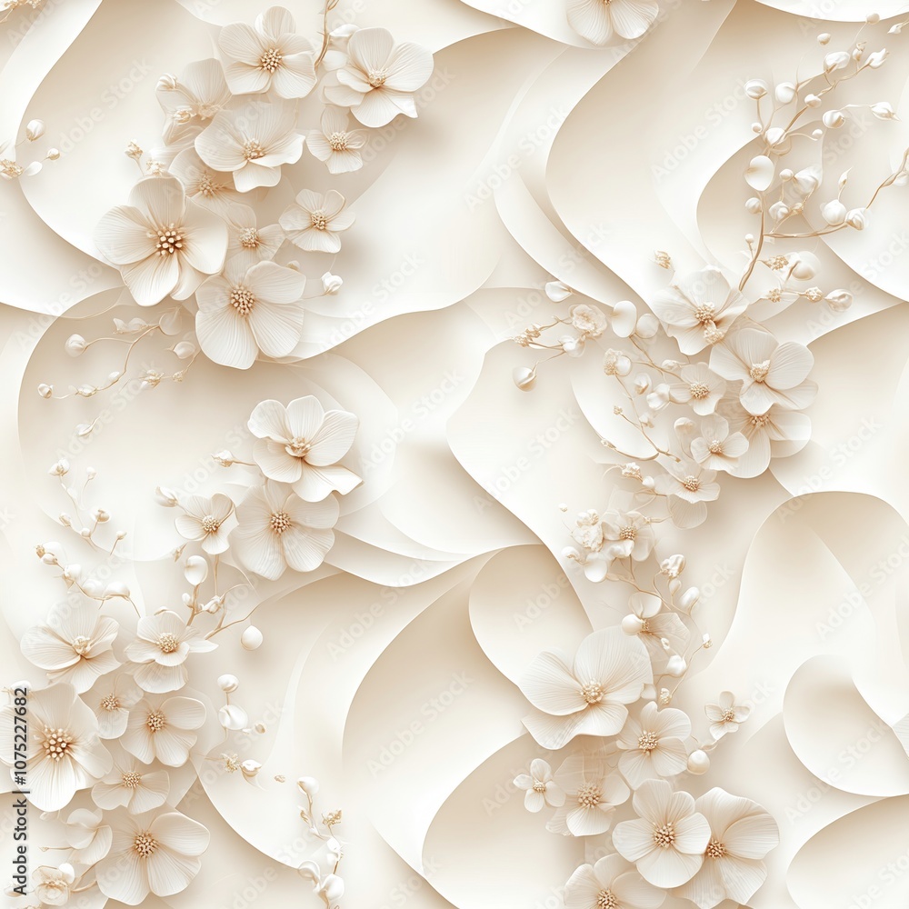 3D seamless pattern of delicate white flowers with embossed floral motifs 3D seamless pattern of delicate white flowers with embossed floral motifs