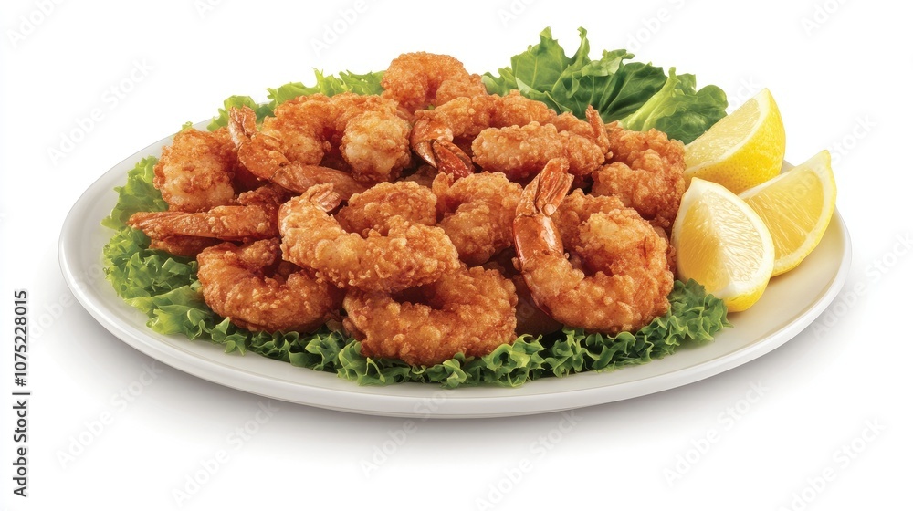 Crispy Breaded Shrimp Served on a Platter with Fresh Lettuce and Lemon Wedges for a Delicious Seafood Feast Crispy Breaded Shrimp Served on a Platter with Fresh Lettuce and Lemon Wedges for a Delicious Seafood Feast
