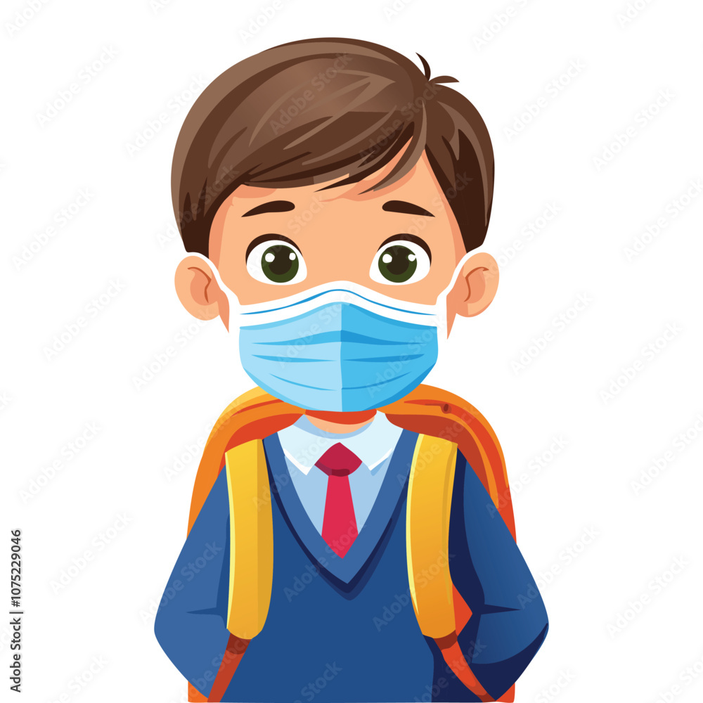 Portrait of a boy in school uniform wearing a mask because he is sick Portrait of a boy in school uniform wearing a mask because he is sick