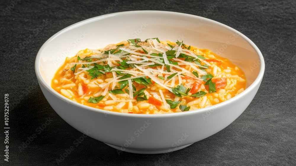 Creamy Tomato Risotto With Fresh Herbs And Grated Cheese Served In A White Bowl On A Dark Surface For A Rich Culinary Experience Creamy Tomato Risotto With Fresh Herbs And Grated Cheese Served In A White Bowl On A Dark Surface For A Rich Culinary Experience