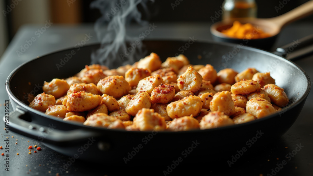 A skillet filled with golden-brown breaded chicken pieces on a stove top.