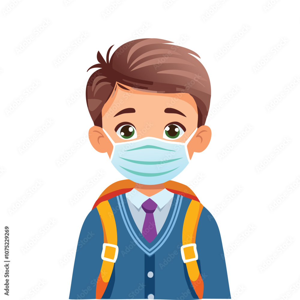Portrait of a boy in school uniform wearing a mask because he is sick Portrait of a boy in school uniform wearing a mask because he is sick