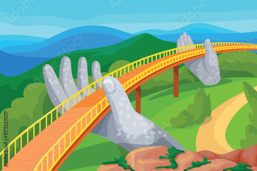 Vietnam bridge. Vietnamese touristic places, golden bridges in danang hands on ba na hills cartoon natural landscape, travel tourism asia popular landmarks neat vector illustration