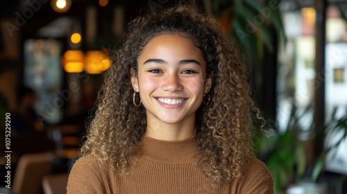 Cheerful Young Woman Smiling in a Vibrant Cafe Setting