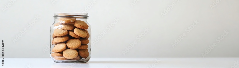 Jar filled with delicious round cookies on a white background. Jar filled with delicious round cookies on a white background.