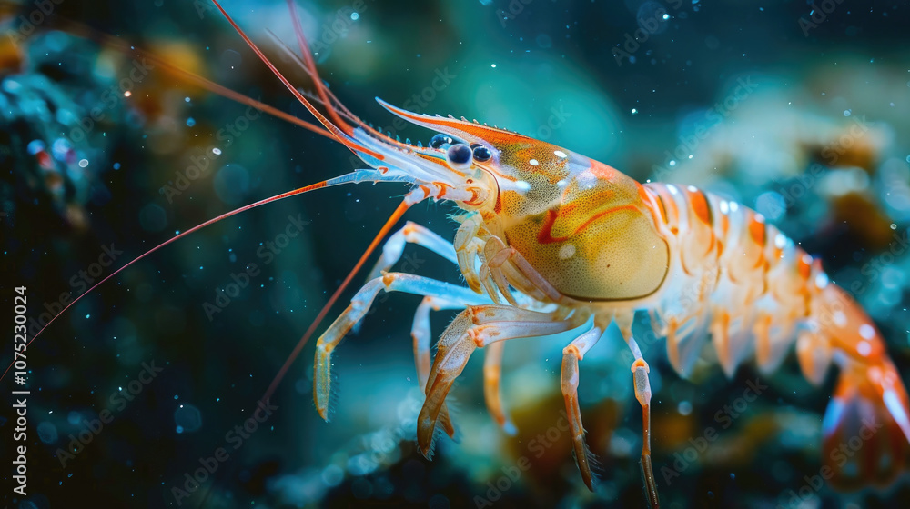 Vibrant Underwater Close-Up of a Colorful Shrimp in Its Natural Habitat with Bokeh Effect Vibrant Underwater Close-Up of a Colorful Shrimp in Its Natural Habitat with Bokeh Effect