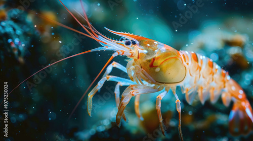 Vibrant Underwater Close-Up of a Colorful Shrimp in Its Natural Habitat with Bokeh Effect