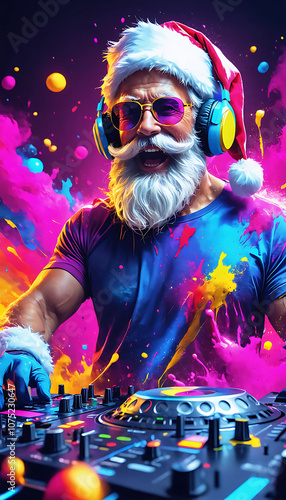 Santa Claus as a DJ, wearing sunglasses and headphones at a turntable, festive lights, creating a fun and modern holiday party vibe. generative ai