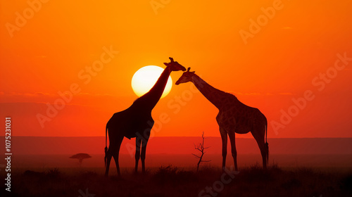 Giraffe couple stand in the savannah against the backdrop of the sunset. Two giraffes in national park with an African landscape in the background.