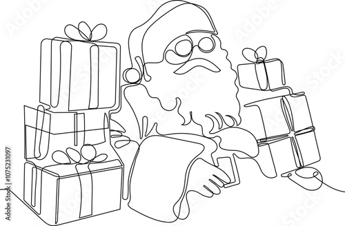 Character With A Sack Full Of Gifts. Vector Hand Drawn Illustration. One continuous line drawing Santa Claus on reindeer and sled. concept for Christmas and New Year