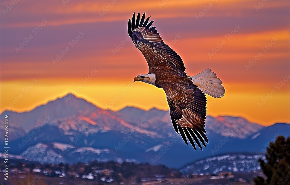 Fototapeta premium A majestic eagle soars against a vibrant sunset backdrop with mountains in the distance.