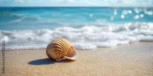 Seashell on Sandy Beach with Ocean Waves in Background