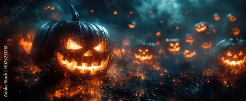 spooky halloweenthemed background showcasing eerie jack o lanterns with glowing eyes set against a dark night sky embodying the spirit of trickortreating with an air of mystery and fright photo