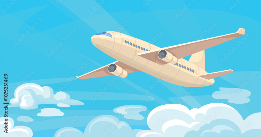 Airplane above clouds. Aircraft flying over cloud, passenger plane or commercial business jet fly in sky modern aeroplane air trip journey airliner flight, neat vector illustration Airplane above clouds. Aircraft flying over cloud, passenger plane or commercial business jet fly in sky modern aeroplane air trip journey airliner flight, neat vector illustration