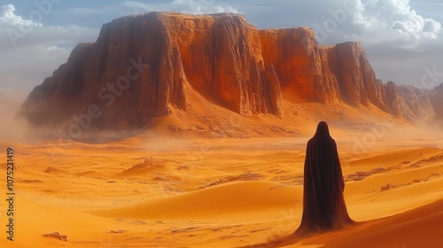 vector illustration of a desert landscape featuring towering rock formations and rolling sandy dunes, embodying the stark beauty and solitude of an arid natural environment photo