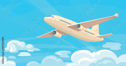Airplane above clouds. Aircraft flying over cloud, passenger plane or commercial business jet fly in sky modern aeroplane air trip journey airliner flight, neat vector illustration