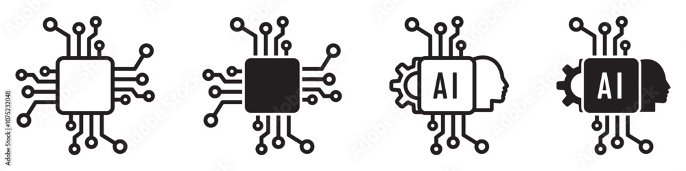Set of artificial intelligence icons. Digital mind symbol, smart hardware. Head, brain, ai, gear, machine, technology, robot. Vector. Set of artificial intelligence icons. Digital mind symbol, smart hardware. Head, brain, ai, gear, machine, technology, robot. Vector.