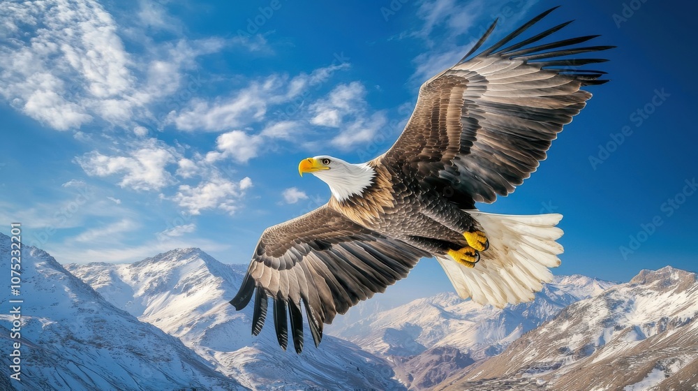 A majestic eagle soaring over snow-capped mountains under a clear blue sky. A majestic eagle soaring over snow-capped mountains under a clear blue sky.