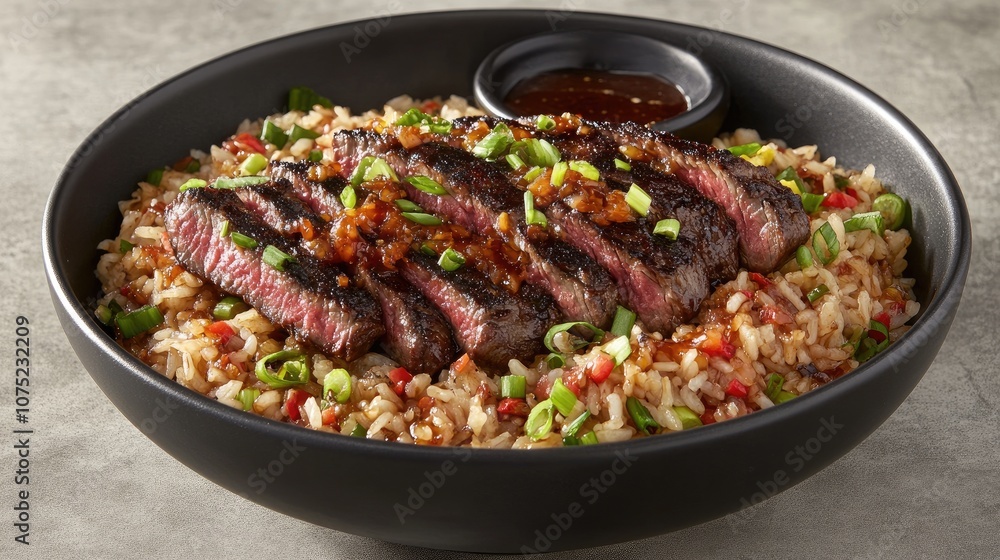 Fototapeta premium Grilled Steak Slices Resting on Flavorful Fried Rice with Vegetables and Sauce in a Black Bowl for an Appetizing Culinary Experience