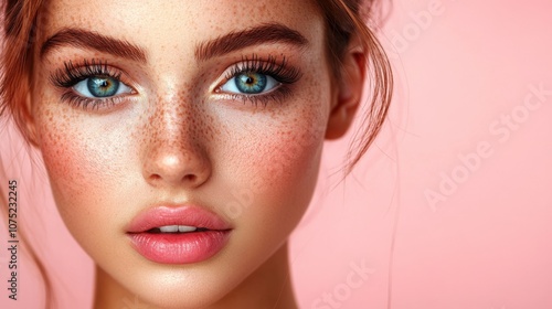 Stunning Close-Up of a Freckled Model with Vibrant Blue Eyes on Pink Background