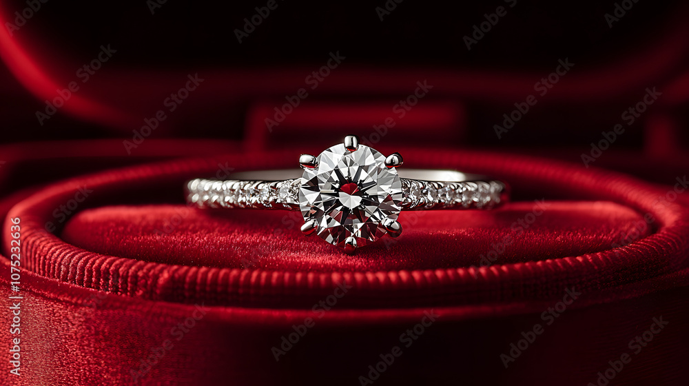 A velvet ring box containing an engagement diamond ring, placed on a red background
A velvet ring box containing an engagement diamond ring, placed on a red background