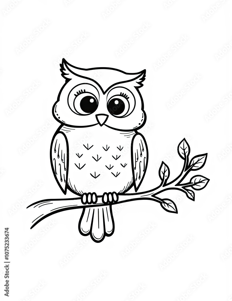 Fototapeta premium Coloring page of a cute owl sitting on a branch, perfect for kids' activities and educational use.
