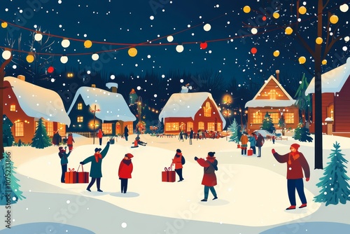 retro vibrant Christmas card illustration of a winter village ski resort, with holiday lights, festive decorations, and people in winter attire