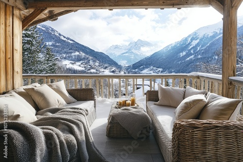 ski resort christmas vacation destination - terrace of a chalet hotel in the Alps, with comfortable seating, blankets, and views of a snow-covered valley photo