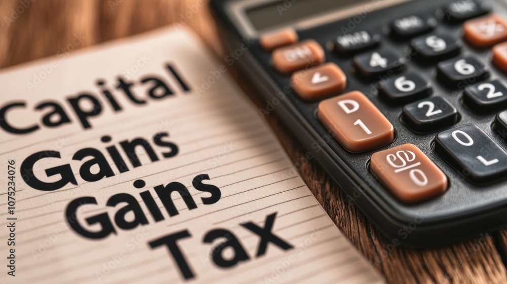 A calculator and a notepad with the words 'Capital Gains Tax' written on it. A calculator and a notepad with the words 'Capital Gains Tax' written on it.