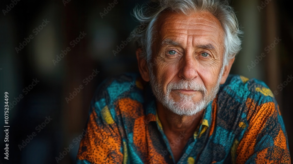 vibrant close-up portrait of an older man wearing a colorful shirt, his expressive face radiating warmth and character. the background is softly blurred to emphasize the subject's features and outfit vibrant close-up portrait of an older man wearing a colorful shirt, his expressive face radiating warmth and character. the background is softly blurred to emphasize the subject's features and outfit