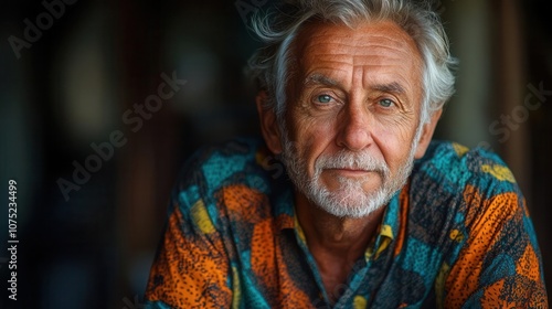 vibrant close-up portrait of an older man wearing a colorful shirt, his expressive face radiating warmth and character. the background is softly blurred to emphasize the subject's features and outfit