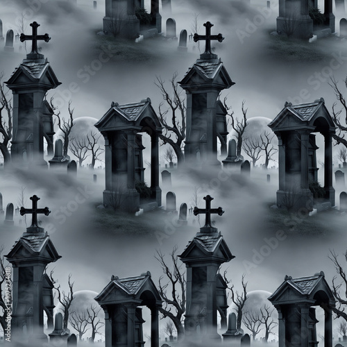 Seamless spooky background pattern featuring haunted tombstones and eerie fog in monochrome