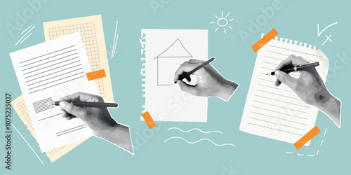 Halftone hands write. Hand with pen writing notebook rip torn sheet, vintage collage template retro paper school note law tax document report paperwork, exact vector illustration