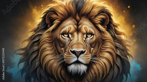 A majestic lion exudes courage, its fierce mane flowing and golden eyes shining with determination. The T-shirt design captures this iconic symbol of bravery in a striking painting, realistic.