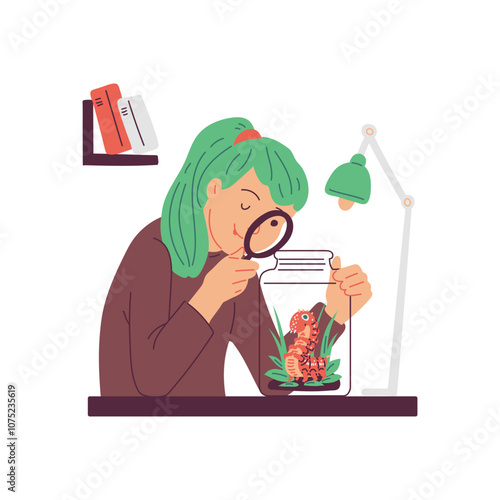 Girl looks through magnifying glass on spotted caterpillar in glass bottle, vector owner of worm insect pet doodle drawn