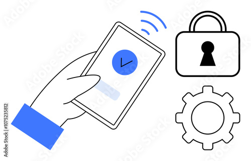 Hand holding a smartphone with check mark, adjacent lock and gear representing security and settings. Ideal for cybersecurity, authentication, mobile security, IT services, data protection, tech
