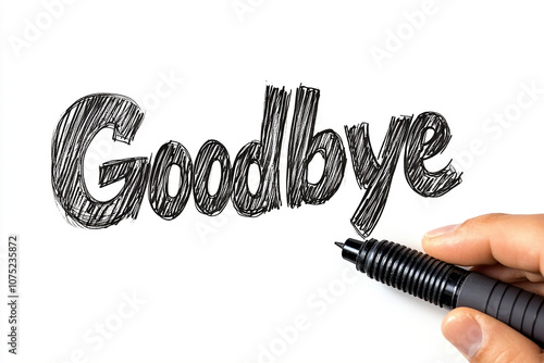 Handwriting the word Goodbye with a marker on a transparent whiteboard
