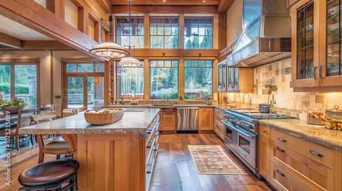 Wallpaper Mural Spacious American kitchen interior with an open island, light wood cabinetry, large windows, and pendant lighting for a bright and inviting atmosphere. Torontodigital.ca