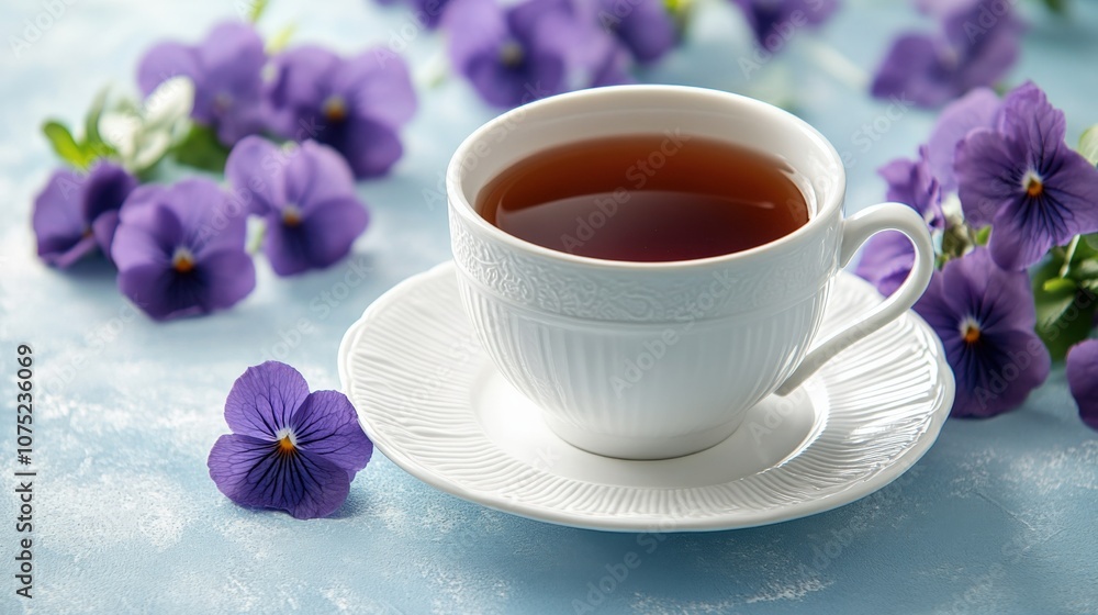 Elegant Tea Cup Surrounded by Vibrant Purple Flowers Elegant Tea Cup Surrounded by Vibrant Purple Flowers