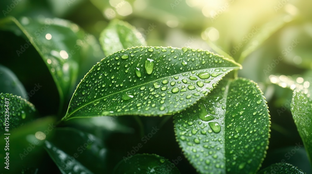 Fototapeta premium vibrant green tea leaves delicately arranged, glistening with dew, against a pristine white background, emphasizing freshness and health