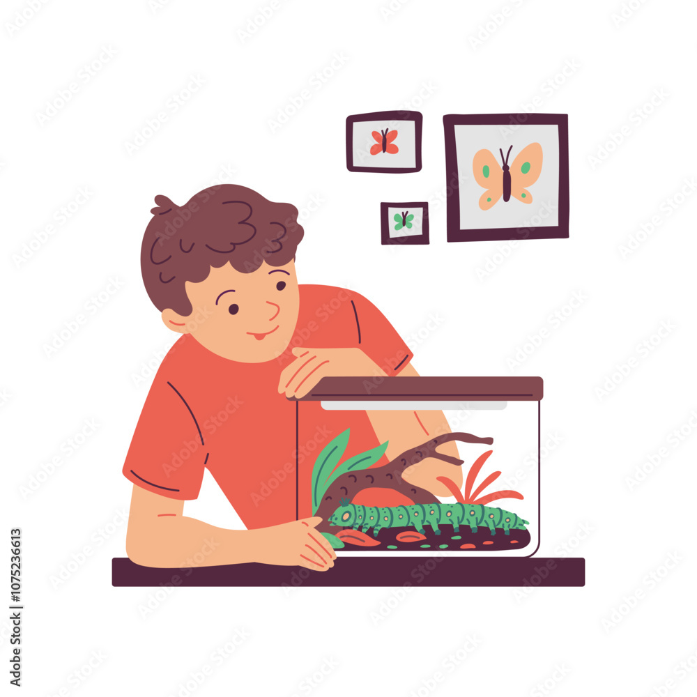 Boy looks on green caterpillar in glass terrarium with plant, vector happy owner of exotic pet worm insect doodle drawn Boy looks on green caterpillar in glass terrarium with plant, vector happy owner of exotic pet worm insect doodle drawn