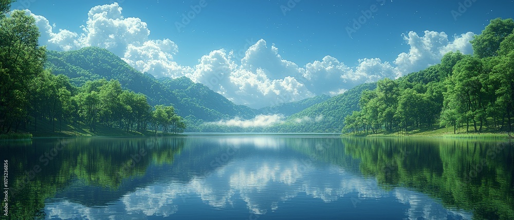 A serene landscape featuring mountains, a lake, and clouds reflecting on calm water. A serene landscape featuring mountains, a lake, and clouds reflecting on calm water.