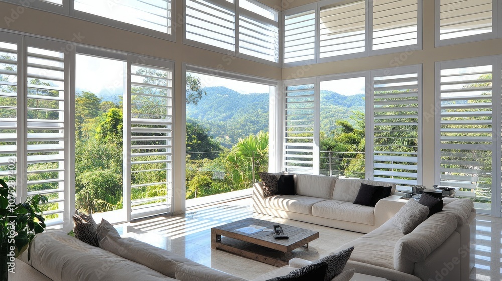 Angled aluminum louver windows in a large living room, framing a scenic outdoor view. Angled aluminum louver windows in a large living room, framing a scenic outdoor view.