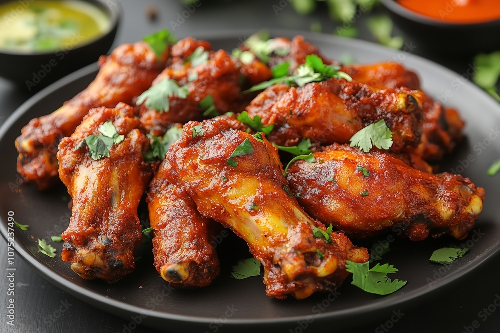 Fried chicken masala wings on a dish against a white backdrop. Generative Ai Fried chicken masala wings on a dish against a white backdrop. Generative Ai