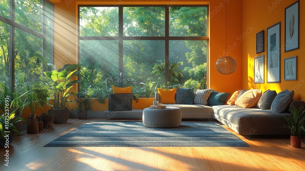 Fototapeta premium Bright, inviting living room filled with plants and natural light.